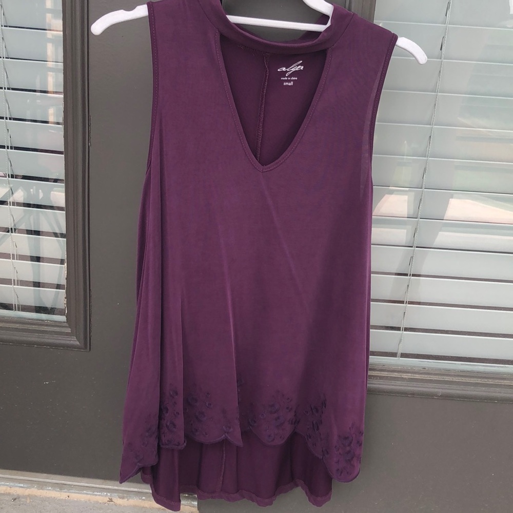 Plum tank with embroidery and v neck cut out